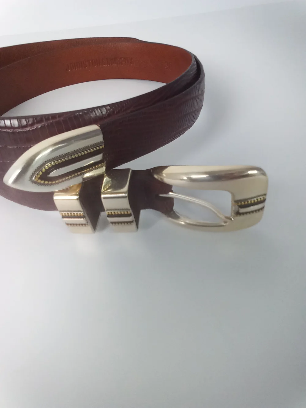 Johnston And Murphy Brown Croc Leather Men's Belt Hand Tooled Buckle